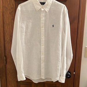 Men’s white linen button down collar long sleeve shirt